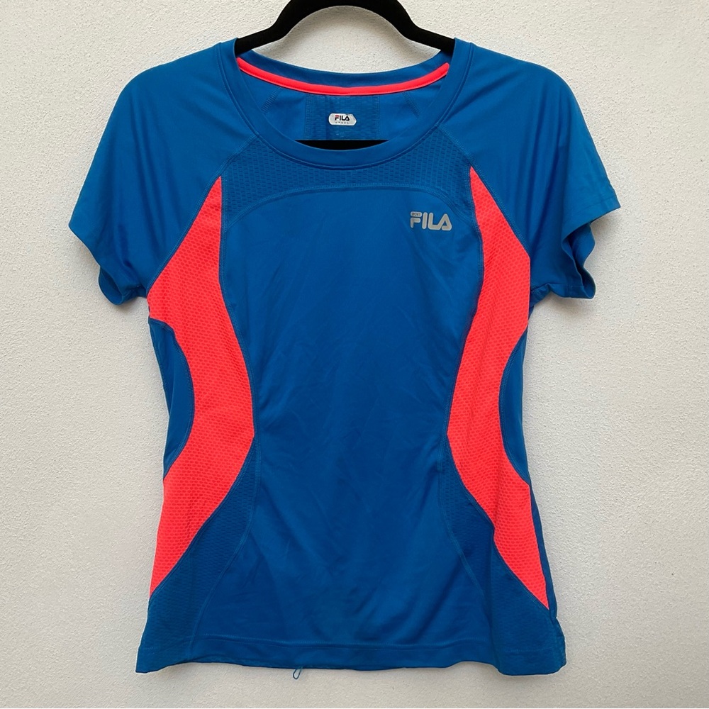 Fila Blue, Neon Orange Short Sleeve Workout Top Size Medium Gym Athletic